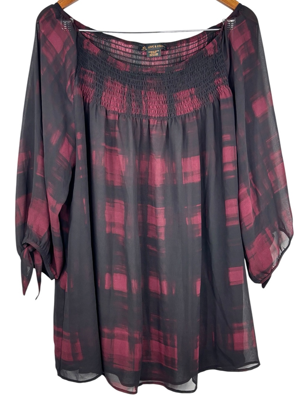 Love & Legend Sheer Red & Black Plaid On Off Shoulder 1/2 Sleeve Peasant Blouse